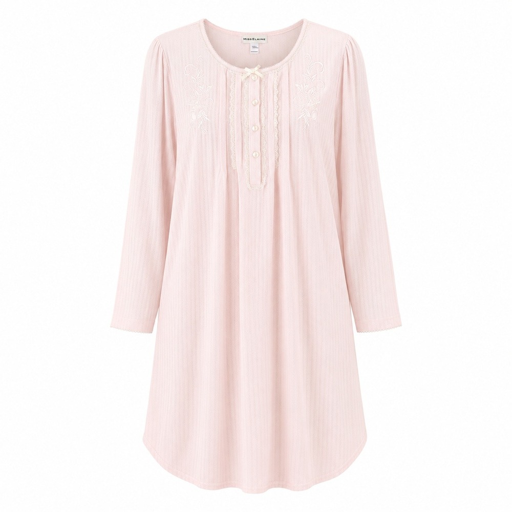 Miss Elaine Cuddleknit Pink Pointelle Nightgown‎ XL Embroidered Long Sleeve NEW